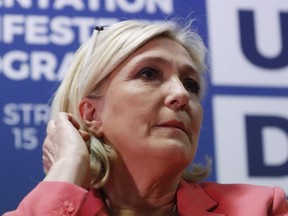 Far-right leader of the National Rally party Marine Le Pen, attends a media conference for the upcoming European elections next month in Strasbourg, eastern France, Monday, April 15, 2019.