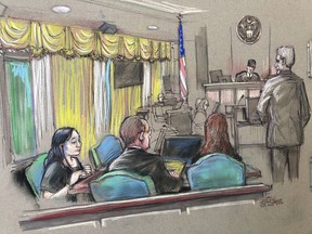 In this court sketch, Yujing Zhang, left, a Chinese woman charged with lying to illegally enter President Donald Trump's Mar-a-Lago club, listens to a hearing Monday, April 15, 2019, before Magistrate Judge William Matthewman in West Palm Beach, Fla. Zhang was denied bail and considered an "extreme flight risk" at the court hearing.