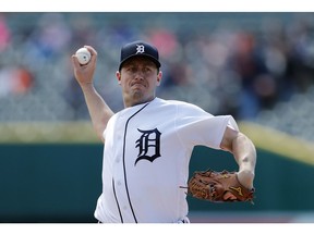 Detroit Tigers starting pitcher Jordan Zimmermann throws during the first inning of a baseball game against the Cleveland Indians, Tuesday, April 9, 2019, in Detroit.