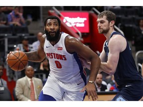 Detroit Pistons center Andre Drummond (0) drives on Memphis Grizzlies center Tyler Zeller (45) in the first half of an NBA basketball game in Detroit, Tuesday, April 9, 2019.