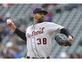 Detroit Tigers pitcher Tyson Ross throws in the first inning of a baseball game against the Minnesota Twins, Saturday, April 13, 2019 in Minneapolis.