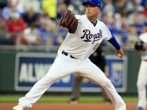 Kansas City Royals starting pitcher Danny Duffy delivers to a Los Angeles Angels batter during the first inning of a baseball game at Kauffman Stadium in Kansas City, Mo., Friday, April 26, 2019.