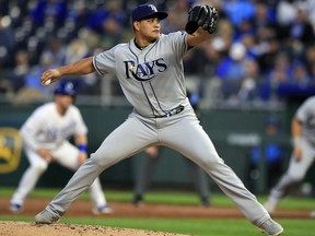 Tampa Bay Rays pitcher Yonny Chirinos delivers to a Kansas City Royals batter during the second inning of a baseball game at Kauffman Stadium in Kansas City, Mo., Monday, April 29, 2019.