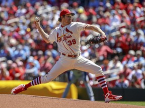 St. Louis Cardinals starting pitcher Miles Mikolas (39) throws during the first inning of a baseball game against the New York Mets Saturday, April 20, 2019, in St. Louis.
