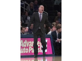 TCU head coach Jamie Dixon reacts during the first half of a semifinal college basketball game in the National Invitational Tournament against the Texas, Tuesday, April 2, 2019, at Madison Square Garden in New York.