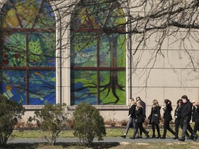 People arrive for funeral services for Samantha Josephson at at Congregation Beth Chaim in West Windsor, N.J., on Wednesday, April 3, 2019. Authorities say Josephson, a college student, ordered an Uber ride early Friday but mistakenly got into a similar car, was kidnapped and killed in South Carolina.