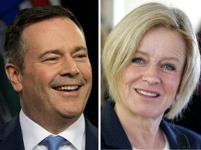 UCP leader Jason Kenney on the left and NDP leader Rachel Notley on the right.