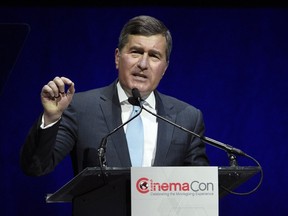 Charles Rivkin, chairman and CEO of the MPAA, addresses the audience during the "State of the Industry" presentation at CinemaCon 2019, the official convention of the National Association of Theatre Owners (NATO) at Caesars Palace, Tuesday, April 2, 2019, in Las Vegas, Nev.