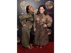 Tiffany Haddish, left, and Melissa McCarthy, cast members in the upcoming film "The Kitchen," pose together before the Warner Bros. presentation at CinemaCon 2019, the official convention of the National Association of Theatre Owners (NATO) at Caesars Palace, Tuesday, April 2, 2019, in Las Vegas.