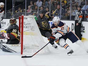 Edmonton Oilers center Leon Draisaitl (29) shoots against Vegas Golden Knights goaltender Malcolm Subban (30) during the first period of an NHL hockey game Monday, April 1, 2019, in Las Vegas.