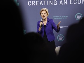 Democratic presidential candidate Sen. Elizabeth Warren, D-Mass., speaks at a Service Employees International Union forum on labor issues, Saturday, April 27, 2019, in Las Vegas.