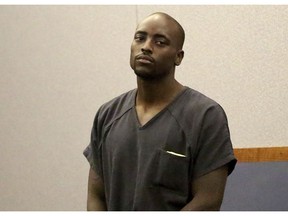 Former NFL player, Cierre Wood appears in court on Tuesday, April 16, 2019 in Las Vegas.  Wood, arrested on suspicion of child abuse, now faces murder charges after his girlfriend's 5-year-old daughter died.