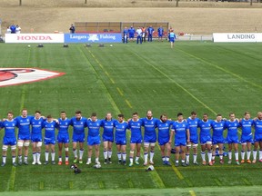 The Toronto Arrows line up ahead of their Major League Rugby game against the New Orleans Gold at York Alumni Stadium in Toronto on Sunday, April 7, 2019.