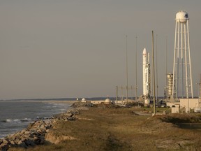 This photo provided by NASA shows the Northrop Grumman Antares rocket, with Cygnus resupply spacecraft onboard  on Pad-0A, Wednesday, April 17, 2019 at NASA's Wallops Flight Facility in Virginia. The cargo resupply mission for NASA to the International Space Station will deliver about 7,600 pounds of science and research, crew supplies and vehicle hardware to the orbital laboratory and its crew.