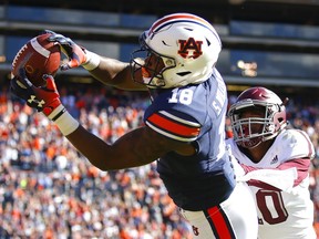 FILE - In this Nov. 3, 2018, file photo, Auburn wide receiver Seth Williams (18) reaches for a touchdown reception as Texas A&M defensive back Myles Jones (10) defends during the second half of an NCAA college football game in Auburn, Ala. Williams emerged as a playmaker his freshman season and appears poised for an even bigger role this year following the departures of Ryan Davis and Darius Slayton.