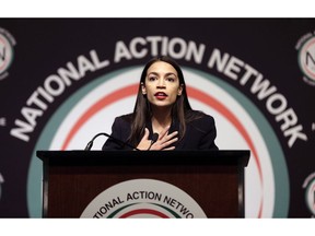 FILE - In this Friday, April 5, 2019 file photo, Rep. Alexandria Ocasio-Cortez, D-N.Y., speaks during the National Action Network Convention in New York. A new study suggests that Fox News is obsessed with freshman congresswoman Alexandria Ocasio-Cortez. The liberal watchdog Media Matters for America counted more than 3,000 times the Bronx Democrat was mentioned on Fox News Channel and its sister Fox Business Network over a six-week period that ended earlier this month. Not a day went by where she wasn't talked about. Fox noted that Ocasio-Cortez has been a star with many other media outlets, too.