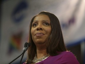 FILE - In this Sunday, Jan. 6, 2019 file photo, Attorney General of New York, Letitia James, speaks during an inauguration ceremony in New York. New York state's attorney general has begun an investigation into the National Rifle Association. A spokeswoman for Attorney General Letitia James said Saturday, April, 27, 2019 that James' office has issued subpoenas as part of an investigation related to the NRA. William A. Brewer, the NRA's outside lawyer, said the NRA "will fully cooperate with any inquiry into its finances." James, a Democrat, vowed during her campaign last year to investigate the NRA's not-for-profit status if elected.