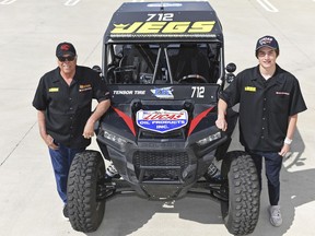 This March 9, 2019, photo provided by Auto Imagery shows former drag racer Don Prudhomme, left, and Jagger Jones at the Snake Racing Performance Shop in Vista, Calif. Prudhomme swore he would never enter the Mexican 1000 again after struggling to get through the difficult off-road race in Baja California. A year later, The Snake is tackling it again, this time with 16-year-old Jagger Jones at his side.