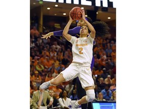 FILE - In this March 7, 2019, file photo, Tennessee's Evina Westbrook (2) shoots in front of LSU's Jalaysha Thomas during the second half of an NCAA college basketball game at the Southeastern Conference women's tournament, in Greenville, S.C. Westbrook is transferring from Tennessee after sharing the team lead in scoring this season. New Lady Vols coach Kellie Harper said in a statement Tuesday, April 16, 2019, that "Evina and I met to discuss her future, and she shared with me that she has decided to transfer." Harper added that "we wish her well."