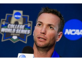 FILE - In this June 17, 2016, file photo, UC Santa Barbara NCAA college baseball coach Andrew Checketts speaks during a coaches' news conference at TD Ameritrade Park in Omaha, Neb., ahead of the College World Series. UC Santa Barbara, which had two straight losing seasons after reaching the College World Series in 2016, has won nine straight after sweeping nationally ranked UC Irvine. The Gauchos are 27-5 overall, 5-1 in the Big West and ranked in the top 10 this week.