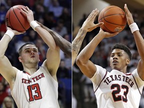 FILE - At left, in a March 22, 2019, file photo, Texas Tech guard Matt Mooney (13) shoots against Northern Kentucky during the second half of a first round men's college basketball game in the NCAA Tournament, in Tulsa, Okla. At right, in a Feb. 23, 2019, file photo, Texas Tech guard Jarrett Culver (23) shoots against Kansas during the second half of an NCAA college basketball game, in Lubbock, Texas. Texas Tech has gotten to its first Final Four with contrasting guards. Culver is the sophomore standout, Mooney is a graduate transfer. (AP Photo/File)