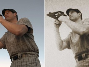 At left is a scene from a commercial showing New York Yankees baseball player Adam Ottavino preparing to pitch to Babe Ruth. At right is the same photo, edited with Adobe After Effects software. Back in December, Ottavino told the MLB.com's Statcast podcast: "I would strike Babe Ruth out every time." A month later, the native New Yorker signed with a $27 million, three-year contract with the Yankees, who view Ruth as a deity. Within days, the team approached Ottavino about making a commercial in which he pitches to Ruth with catastrophic consequences. (Yankees On Demand via AP)