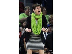 FILE - In this March 30, 2019, file photo, Notre Dame head coach Muffet McGraw yells during the first half of a regional semifinal game against Texas A&M in the NCAA women's college basketball tournament, in Chicago. Notre Dame will face Connecticut in a Final Four semifinal on Friday, April 5, 2019.