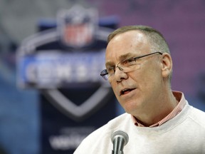 FILE - In this Feb. 28, 2019, file photo, Cleveland Browns general manager John Dorsey speaks during a press conference at the NFL football scouting combine in Indianapolis. Dorsey says he's in no rush to trade running back Duke Johnson, who has asked to be moved. During his pre-draft news conference Wednesday, April 17, 2019, Dorsey said Johnson has not reported for the Browns' voluntary offseason workout program, which began on April 1.