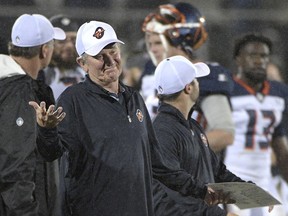 FILE - In this Feb. 9, 2019, file photo, Orlando Apollos coach Steve Spurrier reacts after a play during the second half of the team's Alliance of American Football game against the Atlanta Legends, in Orlando, Fla. The Alliance of American Football is suspending operations eight games into its first season. A person with knowledge of the decision tells The Associated Press the eight-team spring football league is not folding, but games will not be played this weekend. The decision was made by majority owner Tom Dundon. The person spoke to The Associated Press on condition of anonymity because league officials were still working through details of the suspension. An announcement from the league is expected later Tuesday, April 2, 2019.