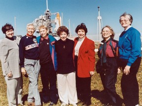 In this 1995 file photo, members of the FLATs, also known as the "Mercury 13," gather for a photo as they attend a shuttle launch in Florida. From left are Gene Nora Jessen, Wally Funk, Jerrie Cobb, Jerri Truhill, Sarah Rutley, Myrtle Cagle and Bernice Steadman. They were the invited guests of space shuttle pilot Eileen Collins, the first female shuttle pilot and later the first female shuttle commander. Cobb, NASA's first female astronaut candidate, died in Florida at the age of 88 on March 18, 2019. (NASA via AP)