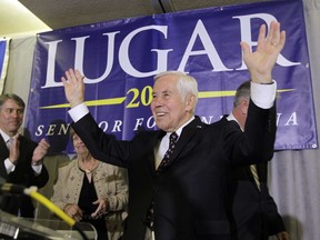 FILE - In a May 8, 2012 file photo, Sen. Richard Lugar reacts after giving a speech, in Indianapolis. Former Indiana Sen. Richard Lugar, a Republican foreign policy sage known for leading efforts to help the former Soviet states dismantle and secure much of their nuclear arsenal, died Sunday, April 28, 2019 at the Inova Fairfax Heart and Vascular Institute in Virginia. He was 87.