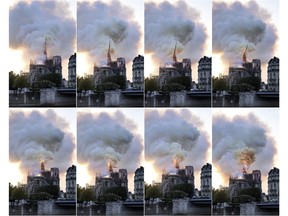 In this combination of photos, flames and smoke rise as the spire on the Notre Dame Cathedral collapses during a fire in Paris, Monday, April 15, 2019.