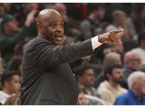 FILE - In this March 24, 2019, file photo, Cleveland Cavaliers head coach Larry Drew reacts during the first half of an NBA basketball game against the Milwaukee Bucks in Milwaukee. Drew said he has not spoken with the club's front office about his future with the team. Drew, who became Cleveland's coach when Tyronn Lue was fired in October after six games, said before a game Sunday, April 7, 2019, against San Antonio, said the sides decided to wait until the season ends before discussing what is next.