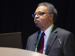 In this Saturday, March 30, 2019 photo provided by the American Association for Cancer Research, Billy Foster speaks during the organization's annual meeting in Atlanta. The jazz pianist and radio show host from Gary, Indiana had a cancerous kidney removed in 1996, but in 2007 learned the disease had spread to his lungs, liver and brain. He joined a study testing an experimental drug that helped him for five years until the company abandoned it. "It wasn't working for enough people but it was saving my life," Foster said. His doctor persuaded the company to keep making the drug for him for another year, long enough for a new drug to come out that seems to be keeping his cancer in check.
