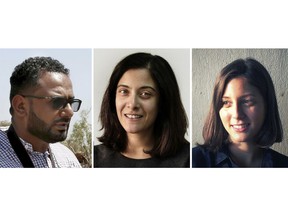 This photo combination shows Associated Press journalists, from left, videographer Maad al-Zikry, reporter Maggie Michael and photographer Nariman El-Mofty. The team won the 2019 Pulitzer Prize in international reporting for their work documenting torture, graft and starvation in Yemen's brutal civil war. (AP Photo)