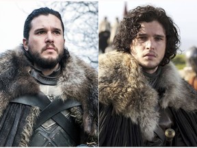 This combination photo of images released by HBO show Kit Harington portraying Jon Snow in "Game of Thrones." The final season of the popular series premieres on April 14. (HBO via AP)