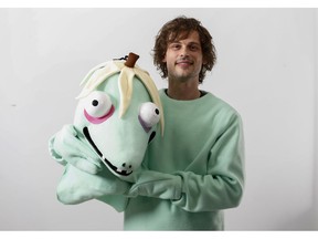 This April 1, 2019 photo shows actor and author Matthew Gray Gubler poses for a portrait in New York wearing a costume of his title character in his children's book "Rumple Buttercup: A Story of Bananas, Belonging and Being Yourself."