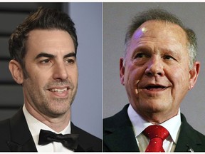 This combination of photos shows actor-comedian Sacha Baron Cohen at the Vanity Fair Oscar Party in Beverly Hills, Calif. on March 4, 2018, left, and former Alabama Chief Justice and then U.S. Senate candidate Roy Moore at a news conference in Birmingham, Ala., on Nov. 16, 2017. A lawsuit that Moore filed against Cohen will be heard in New York. A federal judge on Monday ordered the case transferred from Washington, D.C., in accordance with a waiver Moore signed before appearing on the comedian's television show, "Who is America?" (AP Photo)