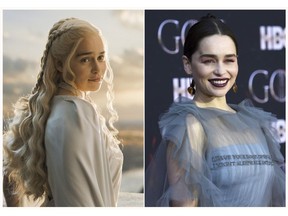 This combination photo shows Emilia Clarke at HBO's "Game of Thrones" final season premiere in New York on April 3, 2019, right, and her character Daenerys Targaryen. (Photos by HBO, left, and Evan Agostini/Invision/AP)