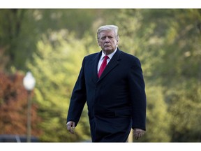 FILE - In this April 15, 2019, file photo, President Donald Trump walks on the South Lawn as he arrives at the White House in Washington.  Trump on Tuesday vetoed a bill passed by Congress to end U.S. military assistance in Saudi Arabia's war in Yemen.