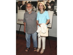 FILE - In this July 15, 2015, file photo, Charles Gross, left, and Joyce Carol Oates attend the "The Stanford Prison Experiment" premiere at the Bow Tie Chelsea Cinemas in New York. Gross, a longtime Princeton professor of neuroscience and husband to author Oates, has died. He was 83. Oates said in an email Gross died from cancer Saturday, April 13, 2019, in Oakland, Calif.