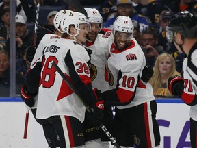 Ottawa Senators forward Anthony Duclair (10) celebrates his goal with teammates during the first period of an NHL hockey game against the Buffalo Sabres on Thursday, April 4, 2019, in Buffalo, N.Y.