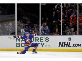 New York Islanders right wing Jordan Eberle reacts after scoring a goal on the Pittsburgh Penguins during the first period of Game 1 of an NHL hockey first-round playoff series Wednesday, April 10, 2019, in Uniondale, New York.