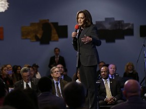 FILE - In this Thursday, April 5, 2018 file photo, Sen. Kamala Harris, D-Calif., speaks at a a town hall meeting in Sacramento, Calif., where she discussed the shooting death of Stephon Clark by two police officers. On Friday, April 19, 2019, The Associated Press has found that stories circulating on the internet that Harris introduced a bill to forbid a police officer from drawing a gun without permission from their supervisor, are untrue.