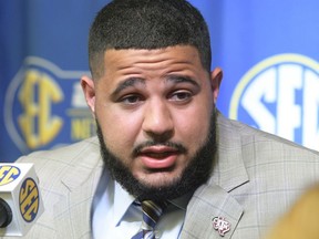 FILE - In this July 16, 2018, file photo, Texas A&M linebacker Erik McCoy is interviewed during NCAA college football SEC media days at the College Football Hall of Fame in Atlanta. McCoy is a prospect in the 2019 NFL Draft.