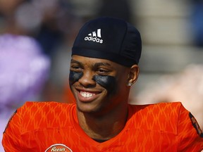 FILE - In this Jan. 26, 2019, file photo, North safety Nasir Adderley of Delaware (23) smiles before the start of the Senior Bowl college football game, in Mobile, Ala. Adderley is a possible pick in the 2019 NFL Draft.
