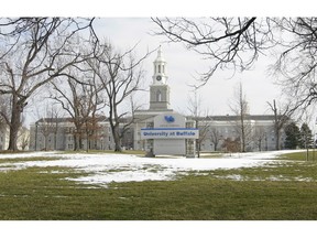 In this Wednesday, Feb. 15, 2012 file photo shows the University at Buffalo campus in Buffalo, N.Y.  Sebastian Serafin-Bazan, a University at Buffalo student, died Wednesday, April 17, 2019, from a suspected hazing incident last week. The 18-year-old freshman from Port Chester, N.Y., was hospitalized early Friday morning after the incident at an off-campus house.