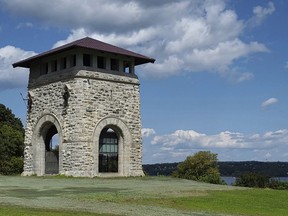 This Aug. 23, 2018, photo provided by New York State Parks, Recreation & Historic Preservation shows the Tower of Victory in Newburgh, N.Y. The viewing floor of the 19th century stone tower built in the Hudson Valley to commemorate the centennial of the end of the American Revolution reopens to the public on Saturday, April 27, 2019. (New York State Parks, Recreation & Historic Preservation via AP)
