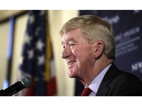 FILE - In this Friday, Feb. 15, 2019, file photo, former Massachusetts Gov. William Weld speaks during a New England Council "Politics & Eggs" breakfast in Bedford, N.H. On Monday, April 15, 2019, Weld became the first Republican to announce a primary challenge to President Donald Trump in the 2020 primaries.