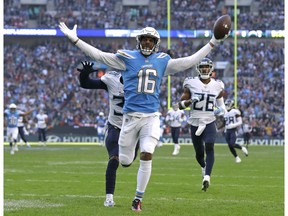 FILE - In this Sunday, Oct. 21, 2018, file photo, Los Angeles Chargers wide receiver Tyrell Williams (16) celebrates as he scores a touchdown during the first half of an NFL football game against the Tennessee Titans at Wembley stadium in London. On Tuesday, April 16, 2019, the Chargers announced they will wear their historic powder-blue jerseys as their primary home uniforms in the upcoming season.